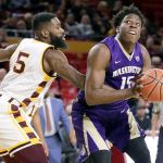 Washington&rsquo;s Noah Dickerson (15) shown against Arizona State on Wednesday, is one of several UW players who must step up his offensive game to aid freshman star Markelle Fultz. (AP Photo/Matt York)