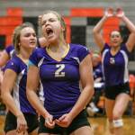 Lake Stevens&rsquo; Lilly Eason, center, celebrates with teammate Melissa Stevens, left, looking on Thursday night in Monroe on October 20, 2016. Lake Stevens won 3-2. (Kevin Clark / The Herald)