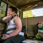 Jessie Pyles rides is his customary seat on the way home from the dentist&rsquo;s office. The family tries not let Jessie ride in any other vehicles due the damage he causes and his ever-present black marker. (Kevin Clark / The Herald)