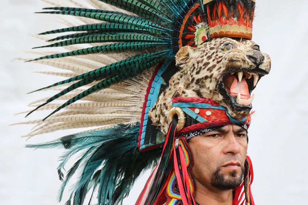 Javier Ramirez of the Aztec Indian Dancers Saturday afternoon during the annual Evergreen State Fair in Monroe. The 12-day fair runs through Labor Day and is one of the largest events held in the Pacific Northwest. (Kevin Clark / The Herald)