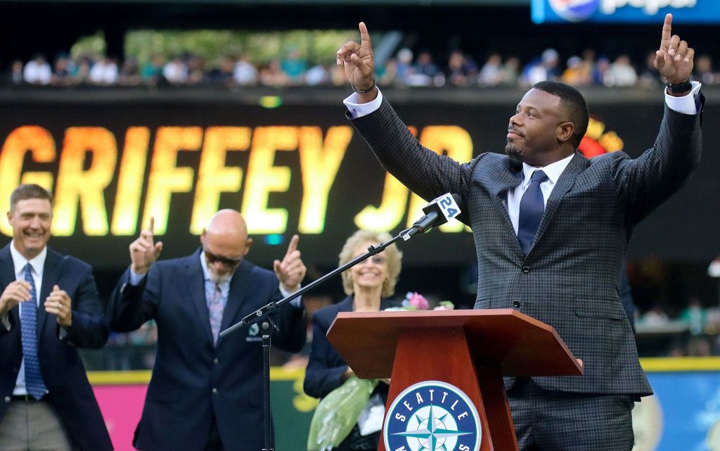 Ken Griffey Jr. grooves to the music before his speech of his number retirement ceremony Saturday afternoon at Safeco Field in Seattle on August 5, 2016. (Kevin Clark / The Herald)