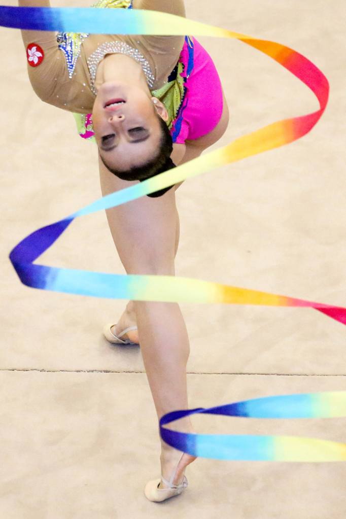 Stacey Devina of Hong Kong competes in the ribbon portion of the 2016 Pacific Rim Championships rhythmic gymnastics at Everett Community College on April 9, 2016. (Kevin Clark / The Herald)