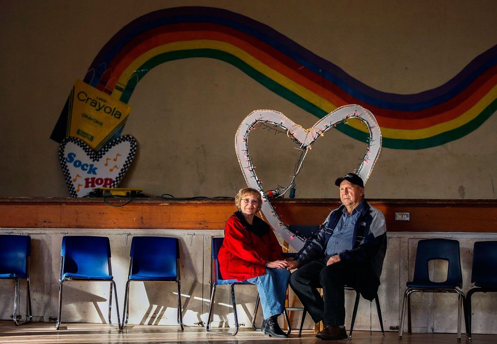Frank and Nancy Roesier are celebratging their 65th wedding anniversary on Valentine&rsquo;s Day at the Startup Gym, where they met so many years ago. The gym was being decorated for its first Sock Hop since the old days. (Dan Bates / The Herald)