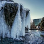 The outdoor water displays at the main entrance to the Tulalip Resort Casino were heavily encrusted in ice early Thursday as temperatures began the day well below freezing. (Dan Bates / The Herald)
