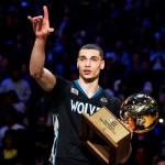 Minnesota Timberwolves guard Zach LaVine holds the trophy after winning the 2016 slam dunk contest during NBA All-Star weekend in Toronto. (Mark Blinch/The Canadian Press via AP, File)