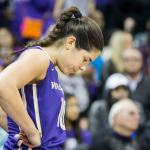 University of Washington guard Kelsey Plum looks down in the final seconds of her team&rsquo;s Pac-12 game against Stanford on Sunday. Washington lost 72-68 despite Plum&rsquo;s 44 points. (Bettina Hansen/The Seattle Times via AP)