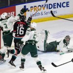 The Everett Silvertips&rsquo; goalie Carter Hart and teammates watch as Noah Juulsen, left, knocks down the puck near the net as the Silvertips beat Kelowna 5-4 at Xfinity Arena on Monday, Jan. 16, 2017 in Everett, Wa. (Andy Bronson / The Herald)