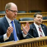 From left, House Minority Leader Dan Kristiansen, R-Snohomish, speaks as Senate Majority Leader Mark Schoesler, R-Ritzville, looks on at right, during the annual AP Legislative Preview, Thursday, Jan. 5, 2017, at the Capitol in Olympia, Wash. (AP Photo/Ted S. Warren)