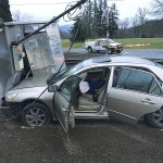 A car stolen from a man in Everett crashed into a Burlington Northern Santa Fe signal box in Monroe after a pursuit Wednesday. Two suspects were arrested. (Monroe Police Department)