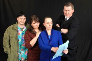 Edmonds Driftwood Players&rsquo; Theater of Intriguing Possibilities offers &ldquo;Professor Roth&rsquo;s Will.&rdquo; In a rehearsal, the Roth siblings played Jason Conner, Sarita Benson, Simone Barron and Thomas Glass, take a look at their father&rsquo;s will. Courtesy Driftwood Players