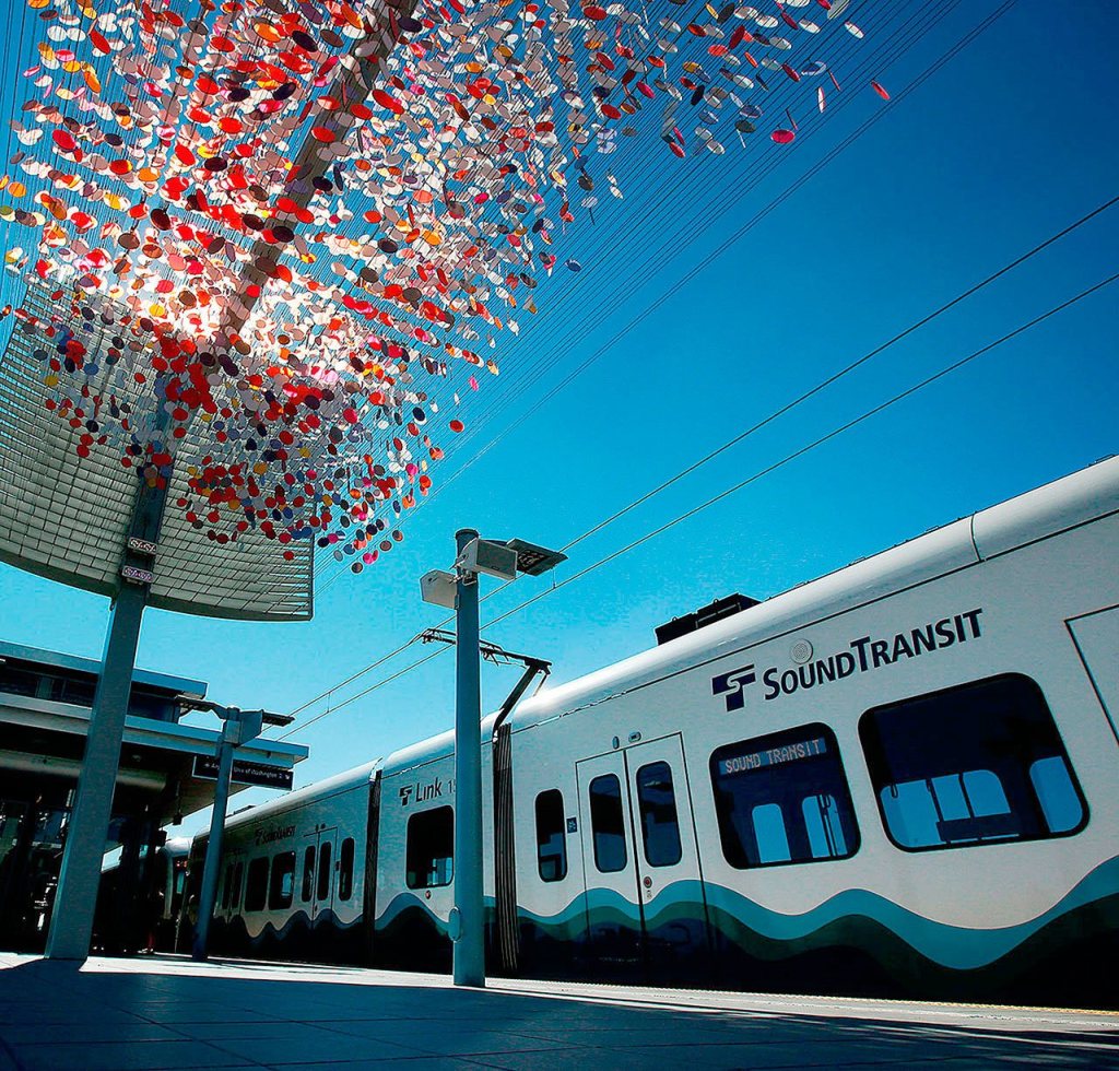 This September 2016 photo shows the new Angle Lake station of Sound Transit&rsquo;s Link light rail. (Ian Terry / Herald file)
