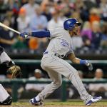Outfielder Jarrod Dyson, shown here connecting for a two-run triple for the Royals during a game against the Tigers on Sept. 23 in Detroit, was traded to the Mariners on Friday. (AP Photo/Carlos Osorio)