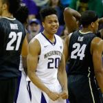 Washington guard Markelle Fultz (20) reacts to a play against Colorado during overtime on Wednesday in Seattle. Washington won 85-83. (AP Photo/Ted S. Warren)