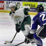 The Silvertips&rsquo; Noah Juulsen looks to pass with the Royals&rsquo; Logan Fisher defending during a game last season at Xfinity Arena in Everett. (Kevin Clark / The Herald)