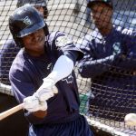 Kyle Lewis, the Mariners&rsquo; first-round pick in the 2016 MLB draft, works out in the batting cage for the AquaSox on June 16, 2016, at Everett Memorial Stadium. (Kevin Clark / The Herald)