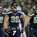 Seahawks tight end Jimmy Graham (88) celebrates after making a reception against the Lions in the second half of an NFC wild card playoff game Saturday in Seattle. (AP Photo/Stephen Brashear)