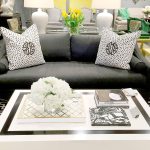 A Tobi Fairley coffee table is paired with her Eva sofa for C.R. Laine in Derek Onyx fabric. (Patricia Sheridan / Pittsburgh Post-Gazette / TNS)