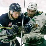 The Silvertips&rsquo; Kevin Davis (right) and the Thunderbirds&rsquo; Josh Uhrich collide in the second period of a playoff game last season in Everett. (Kevin Clark / The Herald)