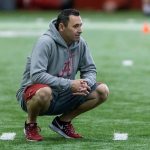 Alabama offensive analyst Steve Sarkisian watches the Crimson Tide work out on Dec. 20 at the Hank Crisp Indoor Facility in Tuscaloosa, Ala. (Vasha Hunt /AL.com via AP)