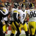Pittsburgh Steelers kicker Chris Boswell (9) celebrates with teammates after kicking one of his six field goals Sunday. (AP Photo/Charlie Riedel)