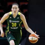 Breanna Stewart of the Seattle Storm dribbles up the court in a WNBA preseason game in May against the Phoenix Mercury. Stewart will return to the U.S. from China after spraining the posterior cruciate ligament in her right knee last week while playing for Shanghai in the Chinese basketball league. (AP Photo/Elaine Thompson, File)