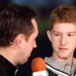 Goaltender Dustin Wolf (right) is introduced to Silvertips fans via social media by director of media relations Mike Benton on Thursday afternoon at Xfinity Arena. (Kevin Clark / The Herald)