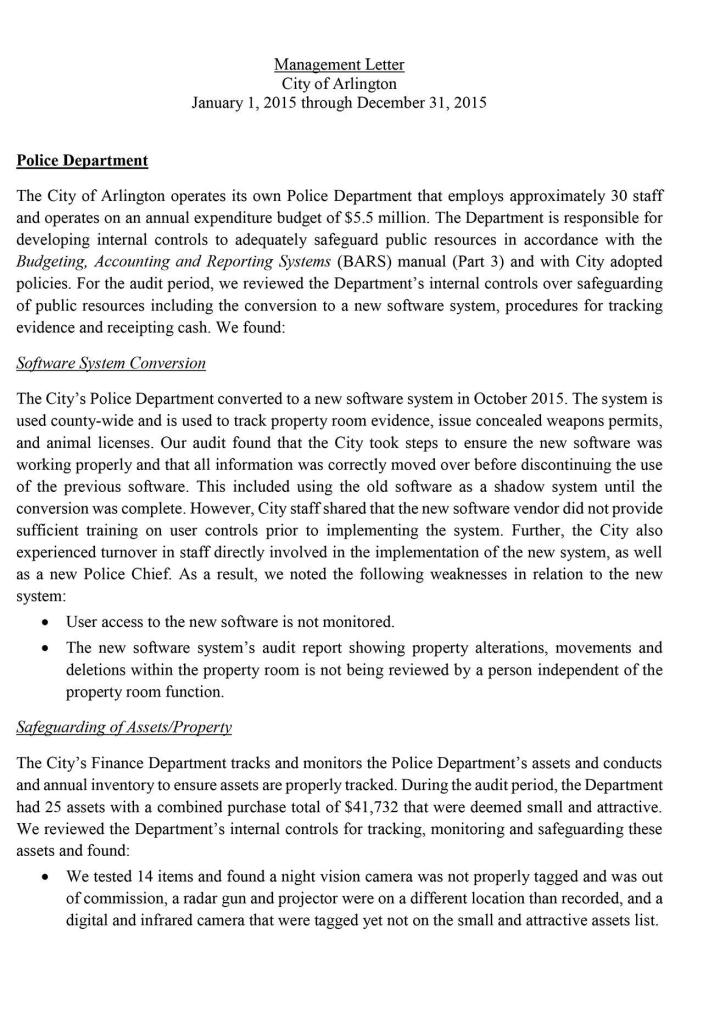 Arlington receives clean audit; changes recommended for police