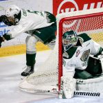 Silvertips goalie Mario Petit tracks the play Wednesday night at Xfinity Arena in Everett on January 11, 2017. The Silvertips won 5-0. (Kevin Clark / The Herald)