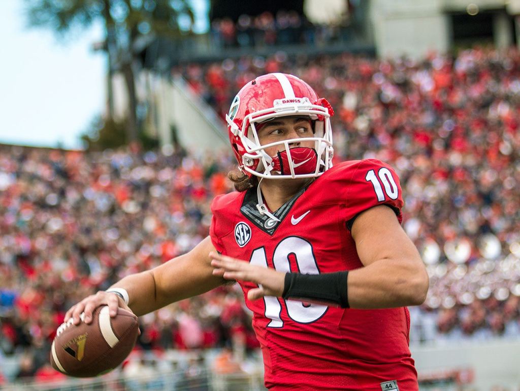 Georgia quarterback Jacob Eason, a Lake Stevens alum, passes during a game against Auburn on Nov. 12 in Athens, Ga. (John Paul Van Wert photo)