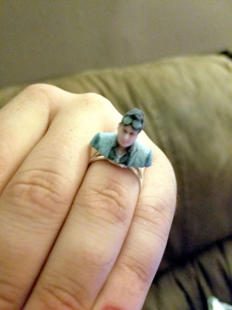 Evan Kushin, 34, a bartender who also works in events production, wanted to propose to his girlfriend in &lsquo;a cute and unique way.&rsquo; He got a bust of himself from People Prints3D and madeit into a ring. (Evan Kushin photo)