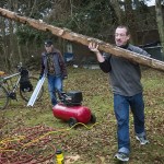Tony Thompson (left) and Gary Michaels gather supplies to install a community living unit at the new homeless students living site at Good Shepherd Baptist Church on Jan. 17 in Lynnwood. Michaels, who attends Edmonds Community College, is one of the first residents to live on the site organized by Reverend Jean Kim. (Daniella Beccaria / The Herald)