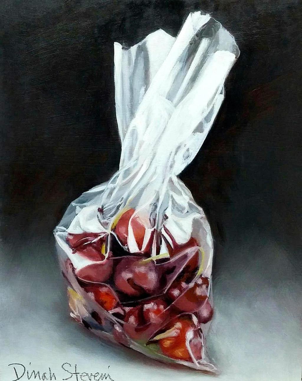 &ldquo;Bag of Cherries&rdquo; is an oil by Dinah Stevevi, displayed at the Matzke Fine Art Gallery on Camano Island.