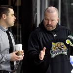 U16 Everett Junior Silvertips head coach Turner Stevenson (right) talks with Silvertips assistant coach Brennan Sonne during practice Jan. 11 at Xfinity Arena in Everett. (Kevin Clark / The Herald)