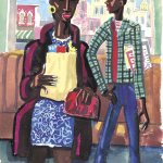 An untitled gouache from about 1948 of a mother and her son is by Delbert J. McBride.