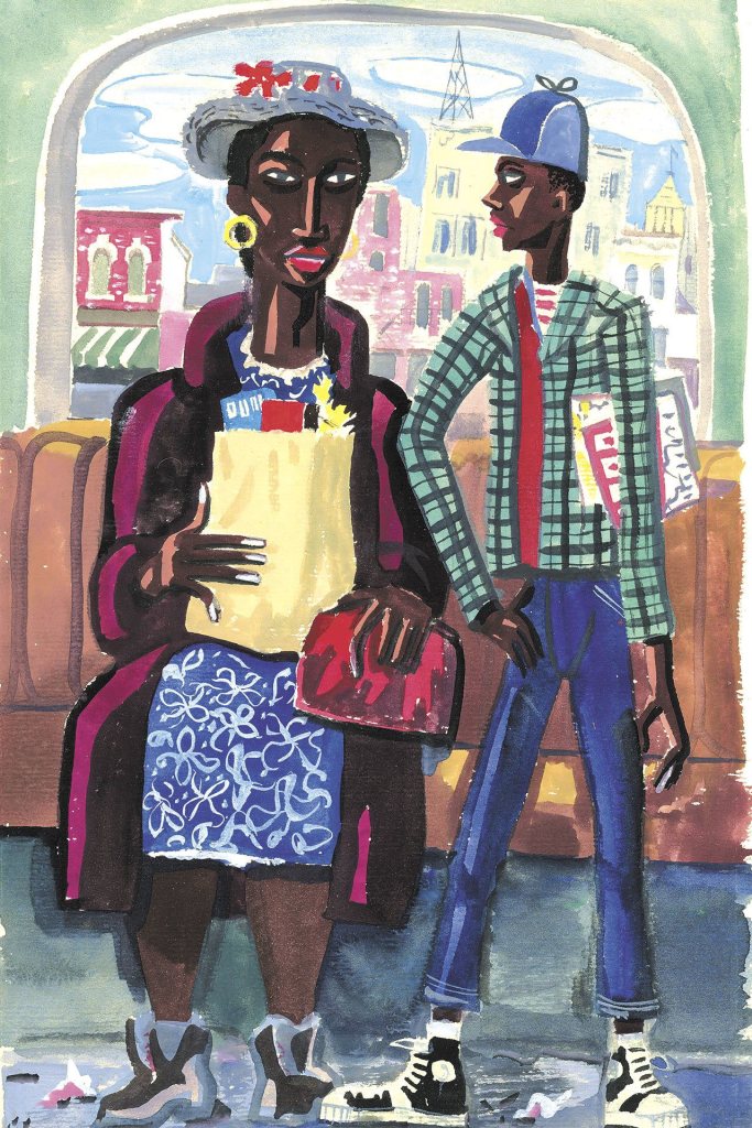 An untitled gouache from about 1948 of a mother and her son is by Delbert J. McBride.
