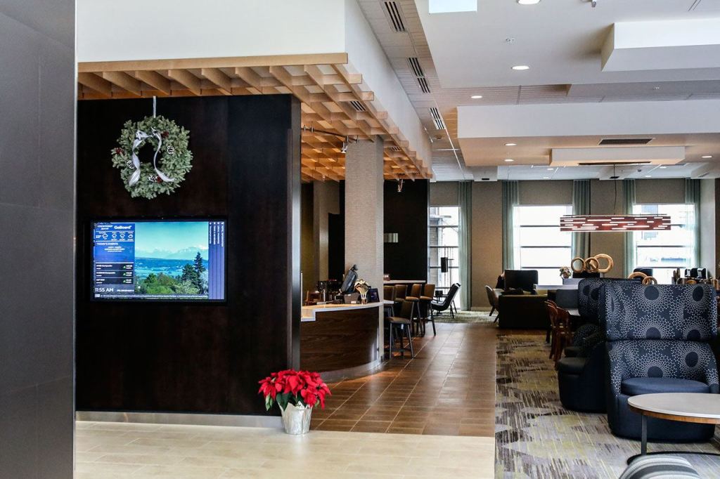 The Bistro and lobby of the Everett Courtyard by Marriott, eight-story 156-room hotel, opened in October. (Kevin Clark / The Herald)