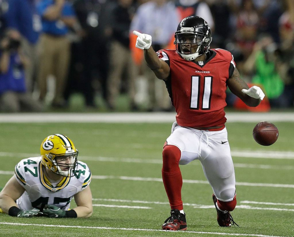 Atlanta Falcons&rsquo; Julio Jones reacts after catching a pass during the second half of the NFC championship game against the Green Bay Packers Sunday, Jan. 22 in Atlanta. (AP Photo/David J. Phillip)