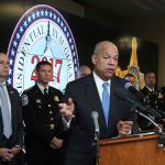Homeland Security Secretary Jeh Johnson (right) with U.S. Secret Service Deputy Director William Callahan (left) and U.S. Park Police Deputy Chief Scott Fear (center) speaks during a news conference about the security for the presidential inauguration and activities related to it, Friday in Dulles, Virginia. (Manuel Balce Ceneta / Associated Press)