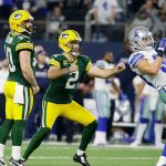 Green Bay Packers kicker Mason Crosby (2) watches his 51-yard field goal to win the game as time expires during the fourth quarter against the Dallas Cowboys Sunday, Jan. 15, in Arlington, Texas. The Packers won 34-31 on the field goal. (AP Photo/LM Otero)