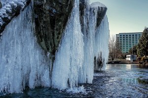 The outdoor water displays at the main entrance to the Tulalip Resort Casino were heavily encrusted in ice early Thursday as temperatures began the day well below freezing. (Dan Bates / The Herald)