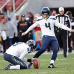 Seahawks kicker Steven Hauschka (4) kicks a field goal during the second half of Sunday&rsquo;s game against the 49ers in Santa Clara, California. (AP Photo/Marcio Jose Sanchez)