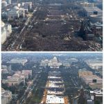This pair of photos shows a view of the crowd on the National Mall at the inaugurations of President Barack Obama (above) on Jan. 20, 2009, and President Donald Trump (below) on Jan. 20, 2017. The photo above and the screengrab from video below were both taken shortly before noon from the top of the Washington Monument. (AP Photo)