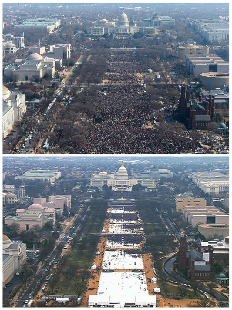 This pair of photos shows a view of the crowd on the National Mall at the inaugurations of President Barack Obama (above) on Jan. 20, 2009, and President Donald Trump (below) on Jan. 20, 2017. The photo above and the screengrab from video below were both taken shortly before noon from the top of the Washington Monument. (AP Photo)