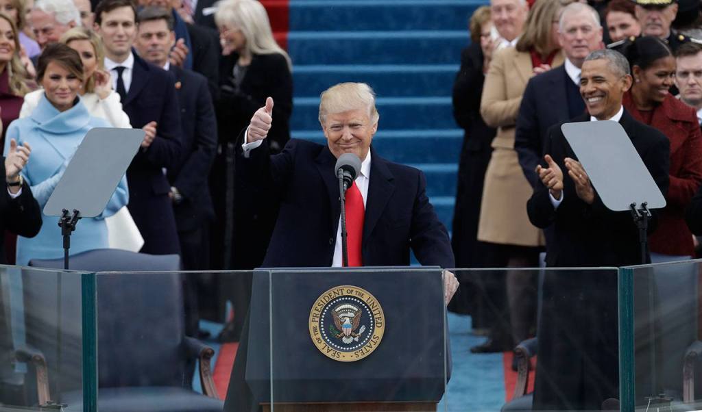 President Trump gives a thumbs-up after being sworn in as the 45th president of the United States at the U.S. Capitol in Washington on Friday, Jan. 20. (AP Photo/Patrick Semansky)