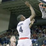 Gonzaga&rsquo;s Jordan Mathews (4) shoots in front of Santa Clara&rsquo;s Nate Kratch (43) during the first half the top-ranked Bulldogs&rsquo; 90-55 win over the Broncos on Saturday in Spokane. (AP Photo/Young Kwak)