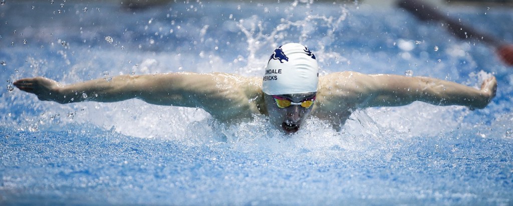 Meadowdale&rsquo;s Kyle Weis glides through the water for fourth place in the 100-yard butterfly race at the 3A State Boys Swimming and Diving Championship at the King County Aquatic Center in Federal Way on Feb. 18, 2017. (Ian Terry / The Herald)