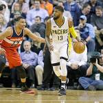Indiana&rsquo;s Paul George (13) looks to pass against Washington&rsquo;s Otto Porter Jr. (22) on Feb. 16 in Indianapolis. George was one of several high-profile players to stay put at Thursday&rsquo;s NBA trade deadline. (AP Photo/Michael Conroy)