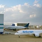 A Boeing Dreamliner 787 for AirEuropa moves past Boeing&rsquo;s final assembly facility in North Charleston, South Carolina. (Travis Dove / Bloomberg)
