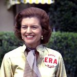 First Lady Betty Ford wears a button expressing support for ratification of the Equal Rights Amendment on Feb. 26, 1975, at the Inverrary Country Club in Florida. President Gerald Ford, a Republican, was playing golf at the club. (Courtesy Gerald R. Ford Presidential Library)