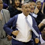 Washington coach Lorenzo Romar reacts to a call late in the second half against Arizona on Feb. 18, 2017, in Seattle. Arizona won 76-68. (AP Photo/Elaine Thompson)